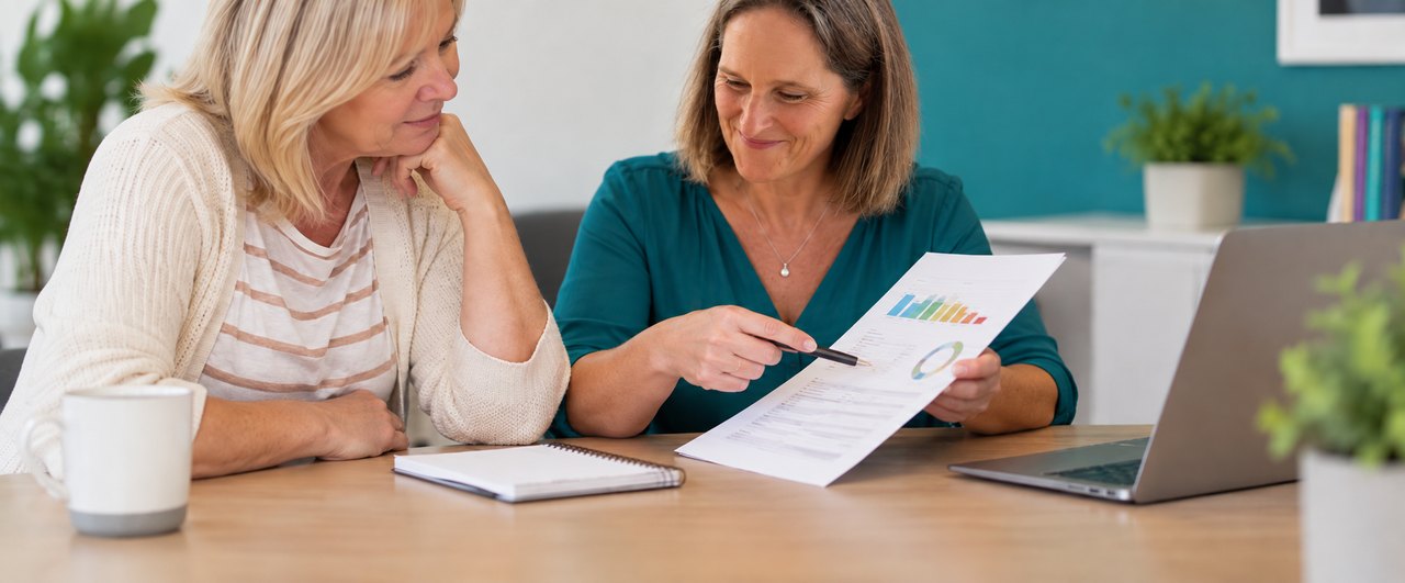 Blood testing and health insights Kathleen Cornmell going through blood test results with a client