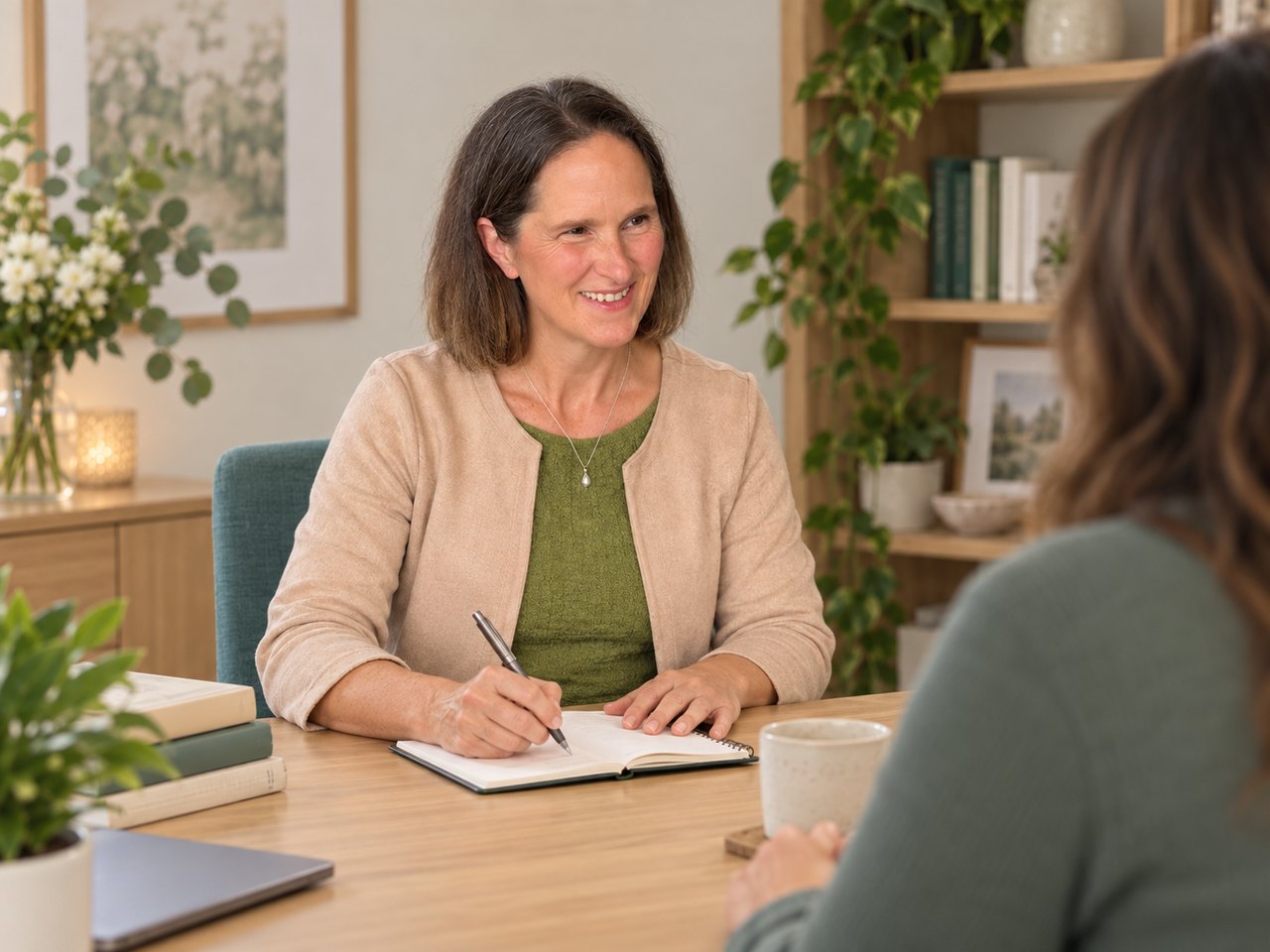 Personal health plan — weight loss and metabolic health Kathleen Cornmell writing a client’s personal health plan during a consultation