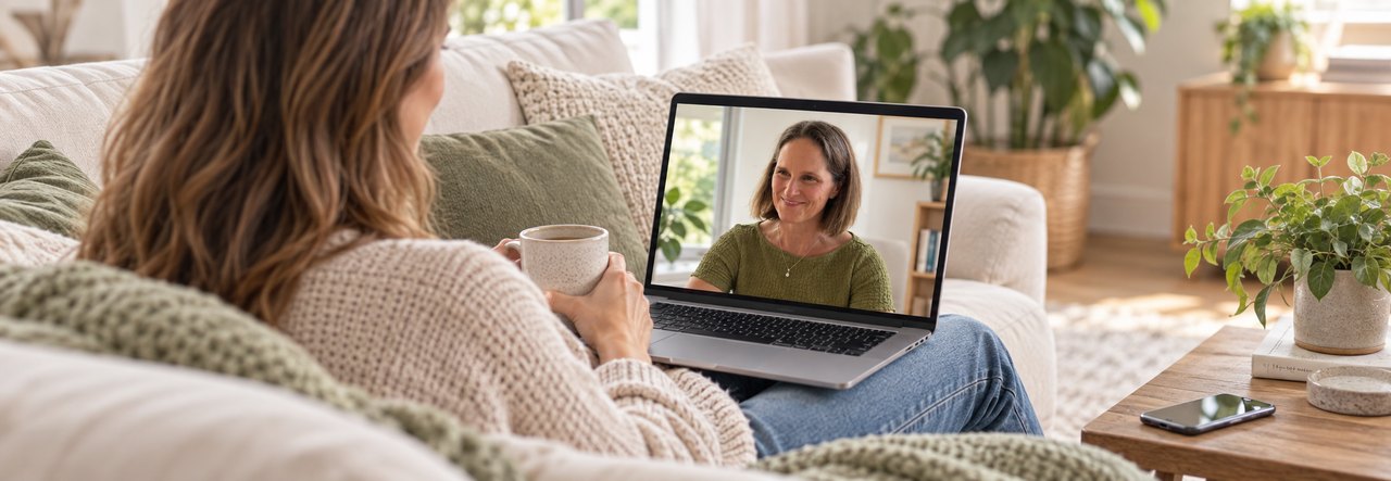 Online nutrition consultations anywhere in the UK A client at home on a video call with Kathleen Cornmell for an online nutrition consultation